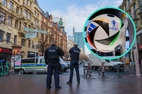 Polizisten im Frankfurter Bahnhofsviertel und der Ball der EM 2024 (Bildcollage, Archiv)